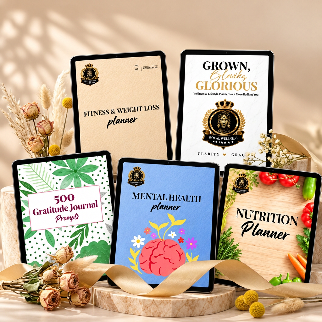 The five wellness planners shown on tablets, styled on marble pedestals with dried flowers and a gold ribbon