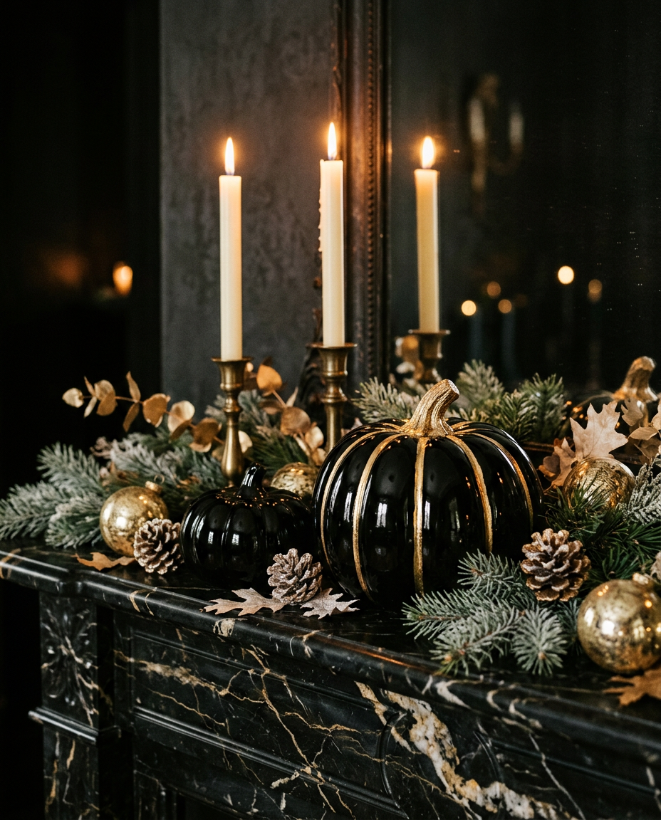 Black and gold lacquered pumpkins with lit ivory taper candles and gold ornaments on a dark marble console