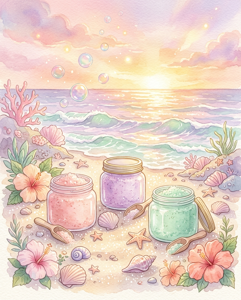 Watercolor illustration of a pastel seaside at sunset, with pink, lilac and mint jars of sugar scrub resting on sparkling sand among seashells, starfish, coral and hibiscus flowers, as bubbles float into the sky