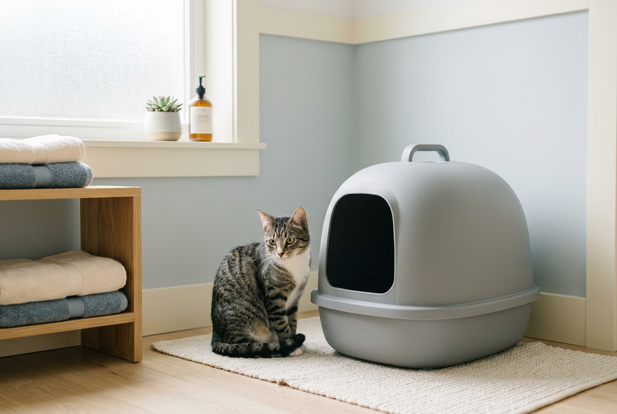 Un chat assis à côté de sa litière, l'air hésitant