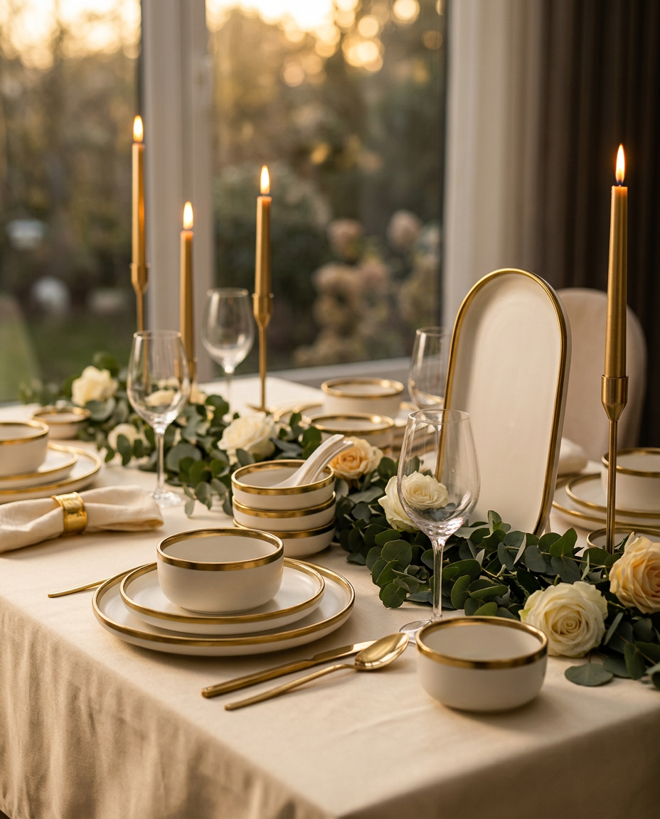 An elegant candlelit dinner table set with white and gold dinnerware