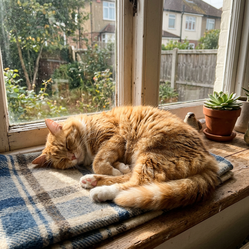 Un chat roux endormi au soleil sur le rebord d'une fenêtre