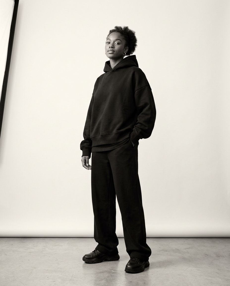 Model in an oversized black hoodie and wide black trousers against an off-white studio backdrop