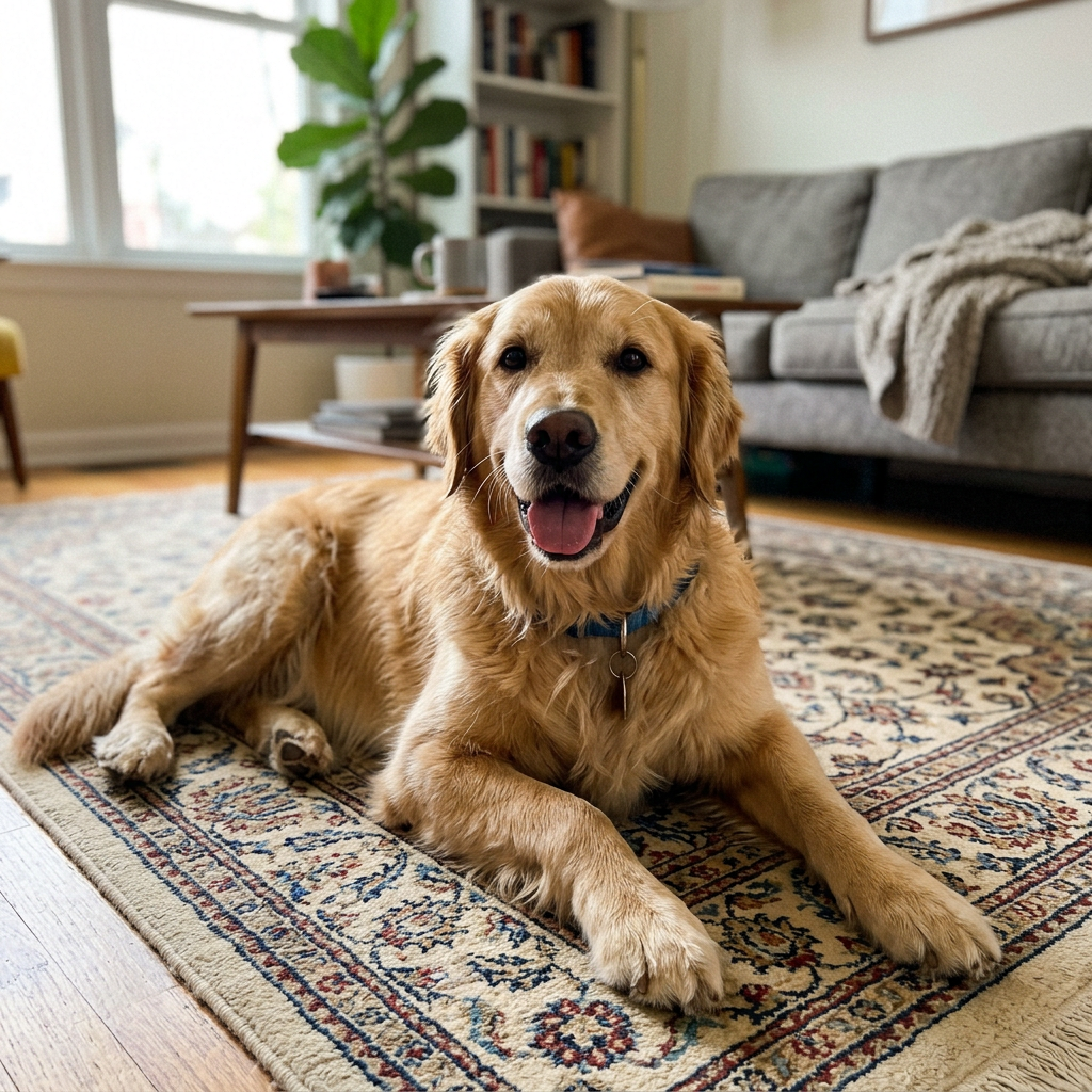 Un golden retriever allongé sur un tapis du salon