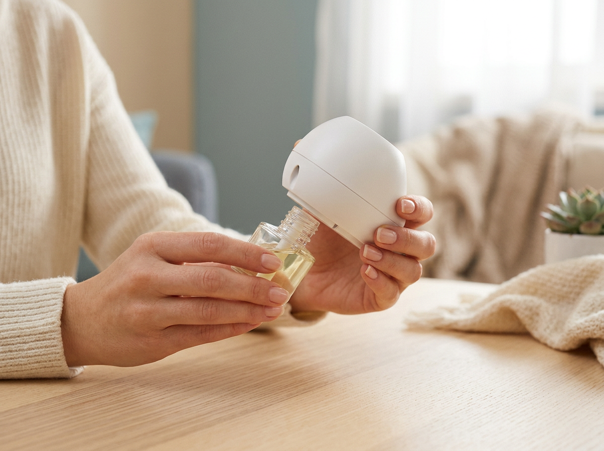 Des mains qui vissent la recharge sur le diffuseur