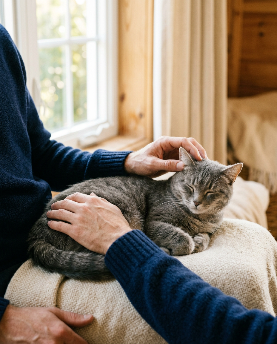 Des mains qui caressent doucement un chat gris détendu, installé sur les genoux de son propriétaire