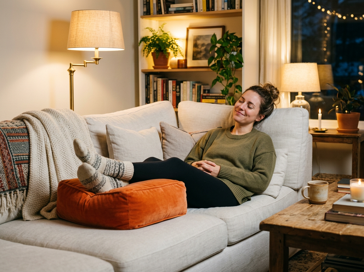 Entspannte Person mit hochgelegten Füßen auf dem Sofa nach einem langen Tag