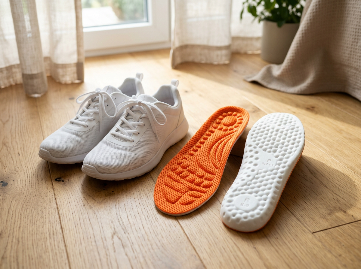 CloudStepper Massage Sohlen in Orange neben weißen Sneakern