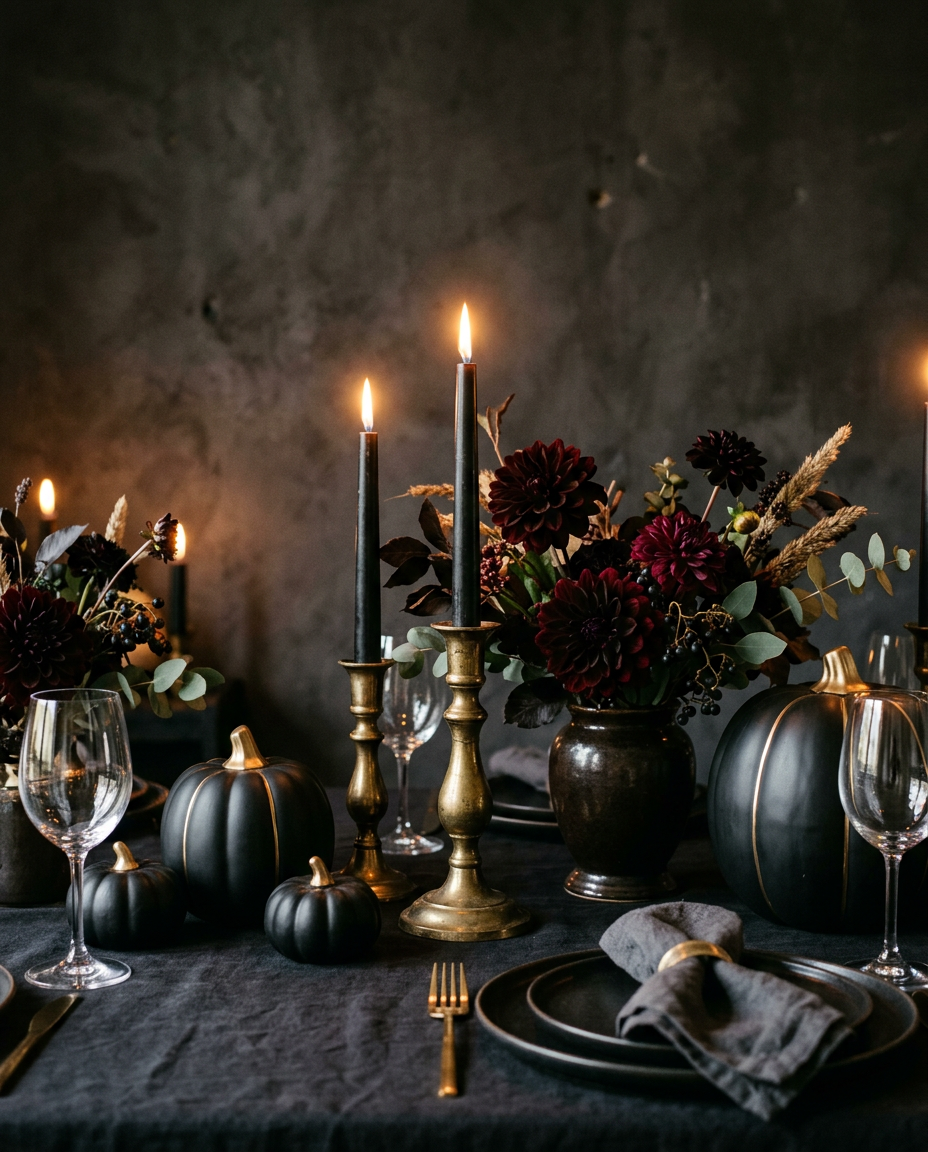 Black and gold pumpkins with black taper candles and dark dahlias