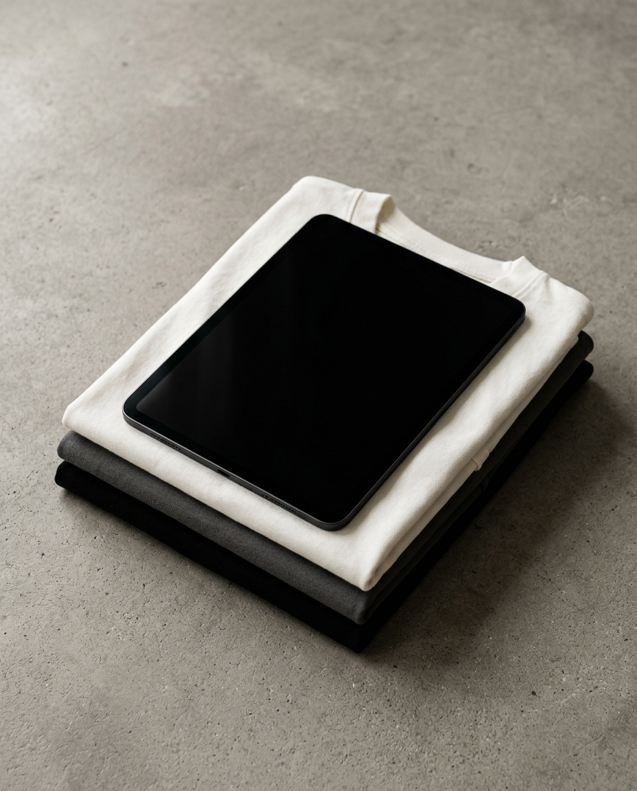 The Clothing Brand Blueprint shown on a black tablet resting on folded t-shirts
