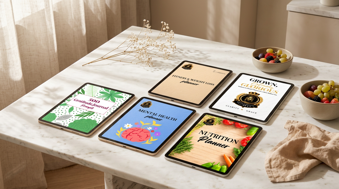 The fitness, nutrition, mental health, gratitude and self-care planners shown on tablets across a sunlit marble table