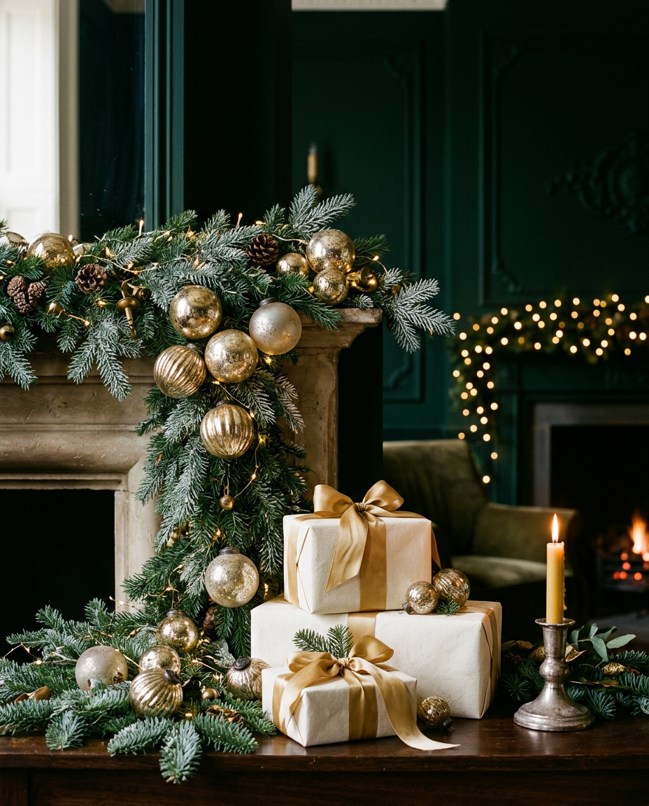 Fir garland with gold baubles and ivory gifts tied with gold ribbon