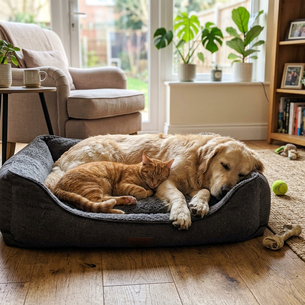 Un chat et un chien qui font la sieste côte à côte