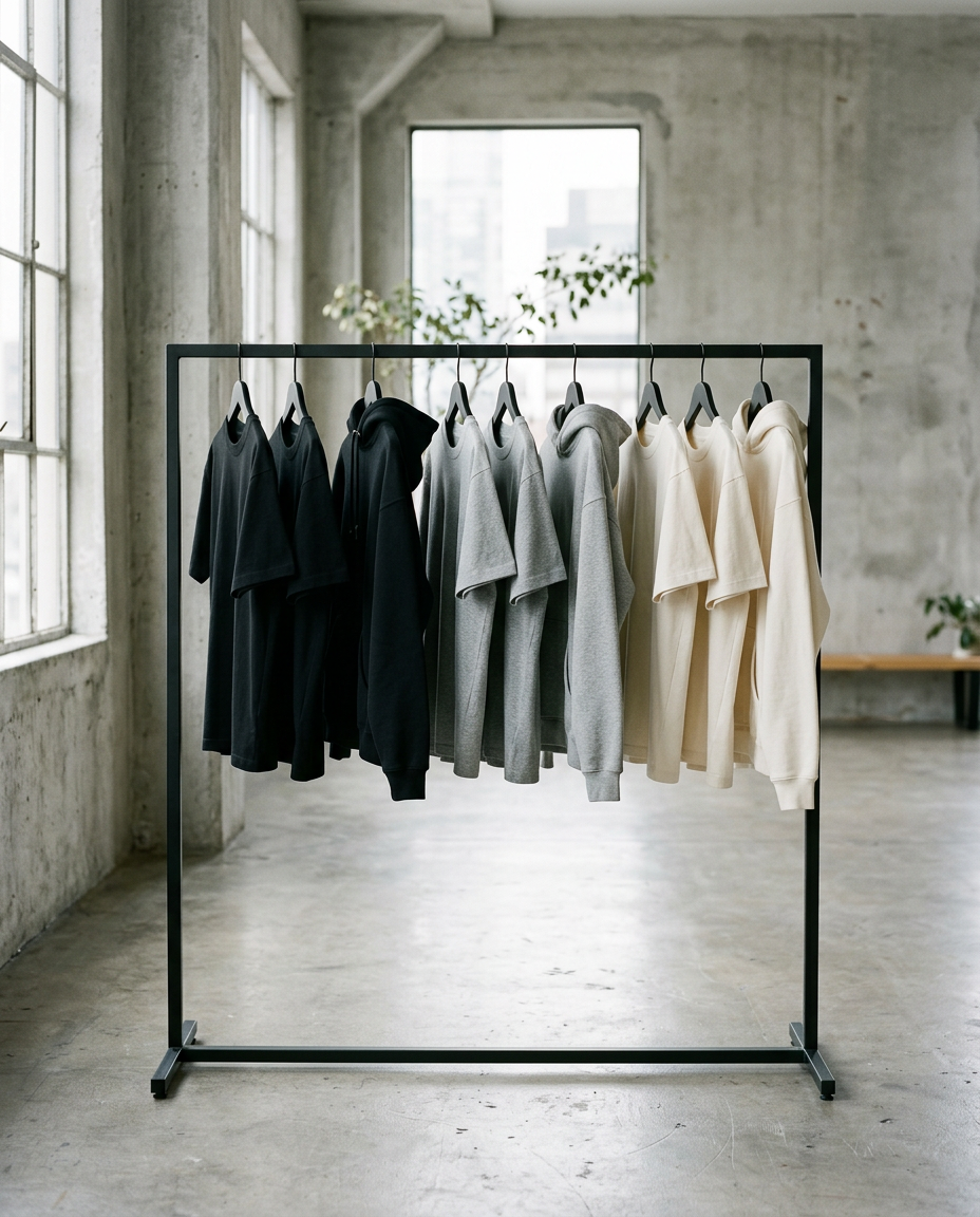 Clothing rack with blank black, grey and off-white tees and hoodies in a concrete showroom