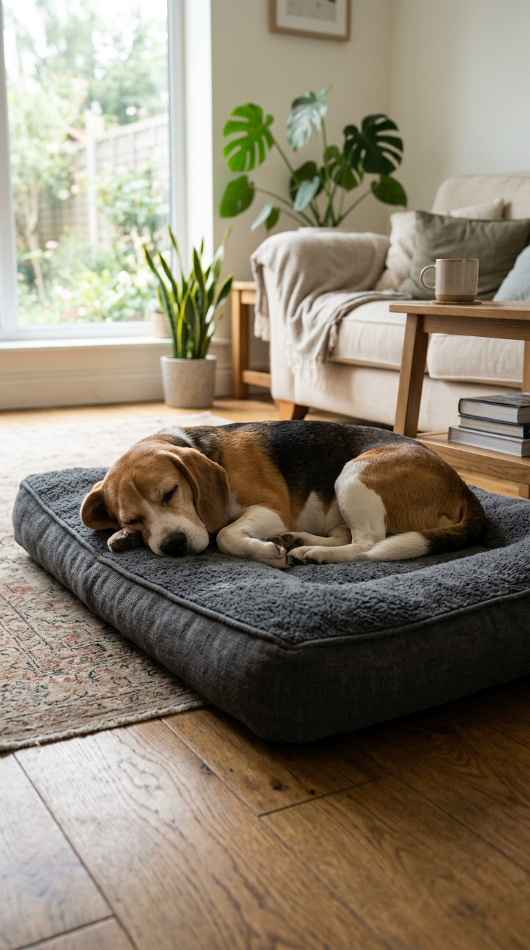 Un beagle qui fait la sieste sur son panier dans un salon lumineux
