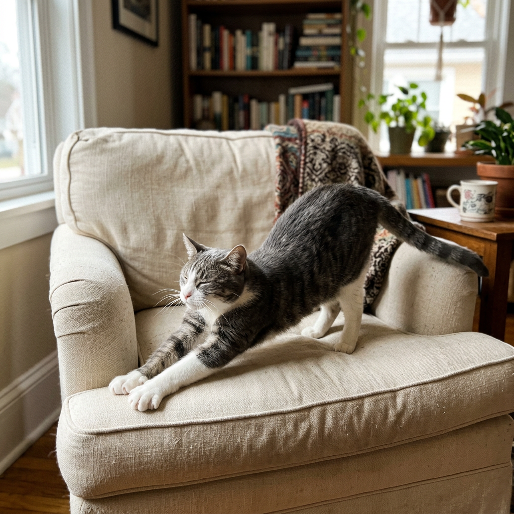 Un chat gris et blanc qui s'étire dans un fauteuil