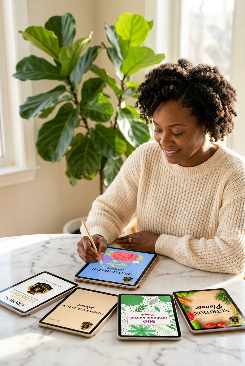 Black woman in her forties smiling as she writes in the Mental Health Planner on a tablet, the other planners laid out on a marble table