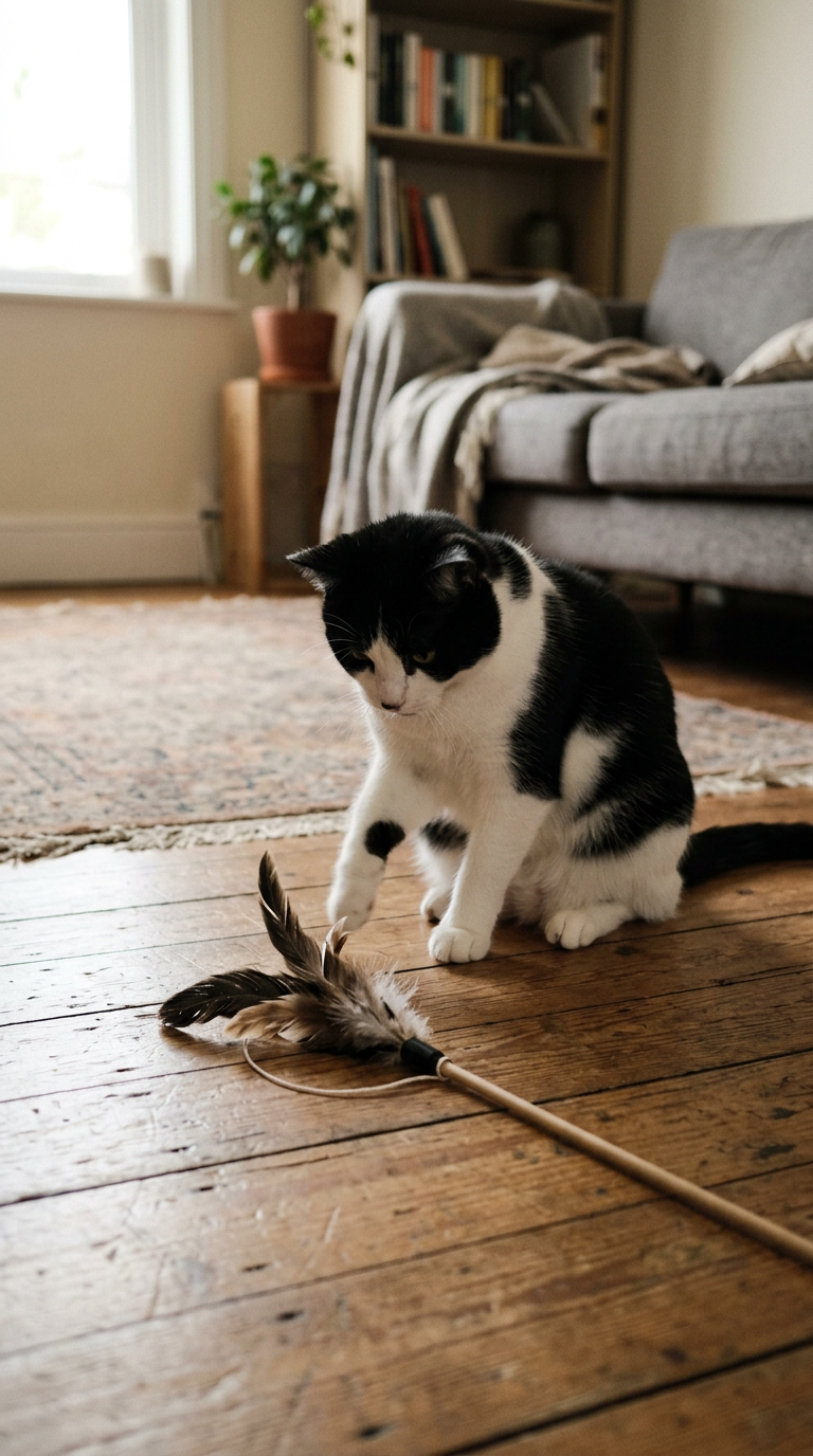 Un chat noir et blanc qui joue tranquillement avec une plume