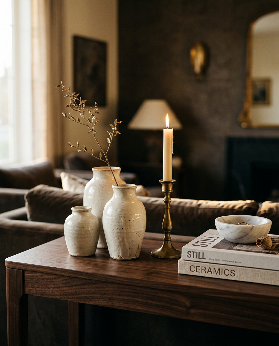 Walnut console styled with cream ceramic vases, a brass candle holder and stacked books