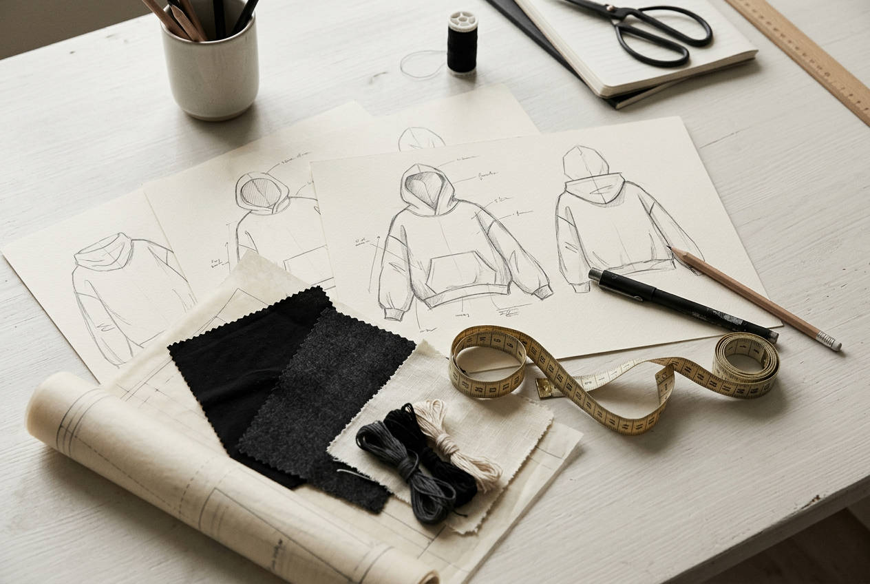 Designer's desk with hoodie sketches, fabric swatches and a measuring tape