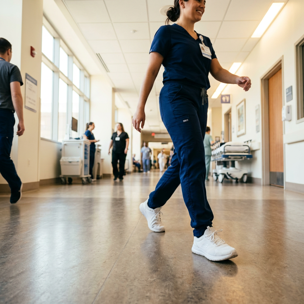 Pflegekraft geht in Sneakern durch einen hellen Klinikflur