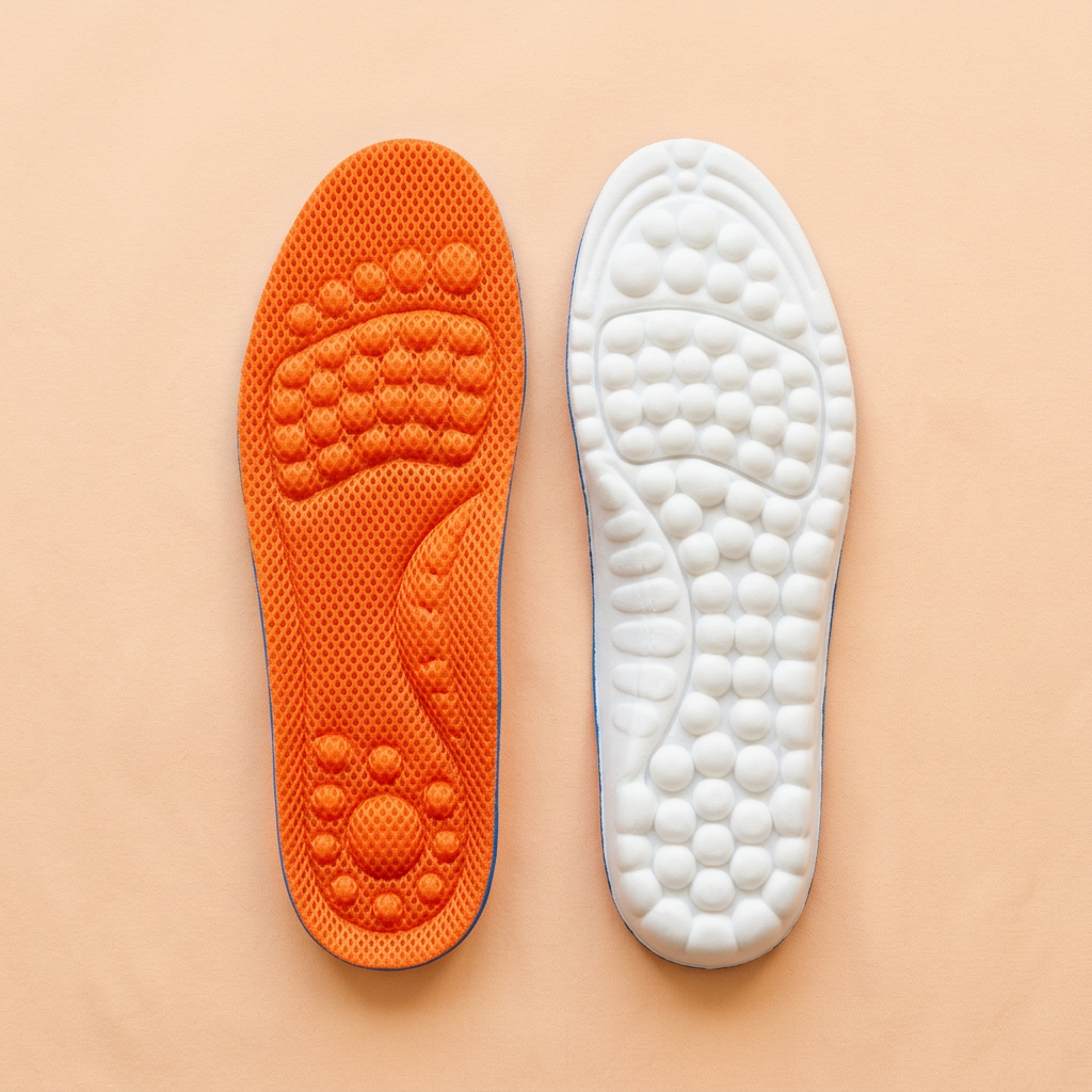 CloudStepper Einlagen von oben: orangefarbene Mesh-Oberseite mit Massage-Noppen und weiße Bubble-Schaum-Unterseite