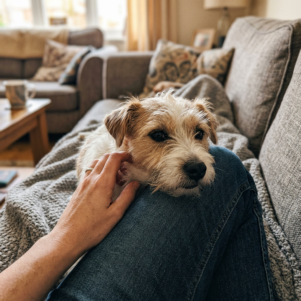 Un petit chien posant sa tête sur le genou de sa propriétaire