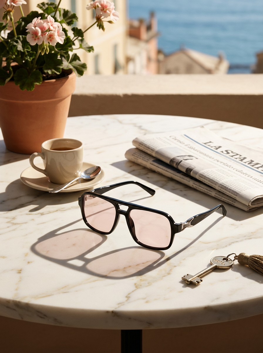 St Remo sunglasses on a white marble café table beside an espresso in Riviera morning sun