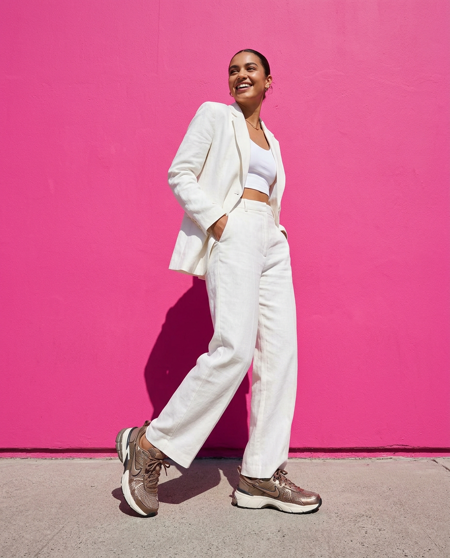 Mujer con zapatillas Nike V2K Run frente a un muro rosado