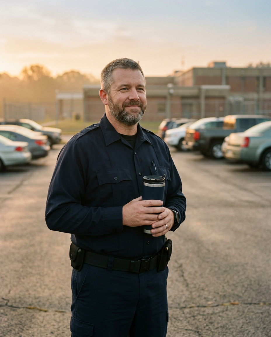 Male correctional officer in a navy uniform holding a travel mug in a facility parking lot at sunrise after a night shift
