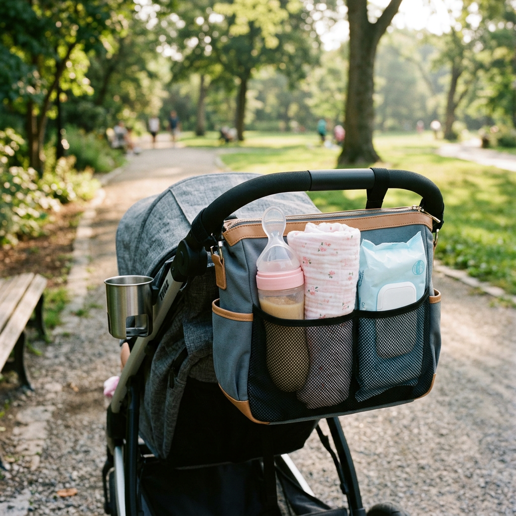 Squeeze feeder packed in a diaper bag for travel (pink collar)