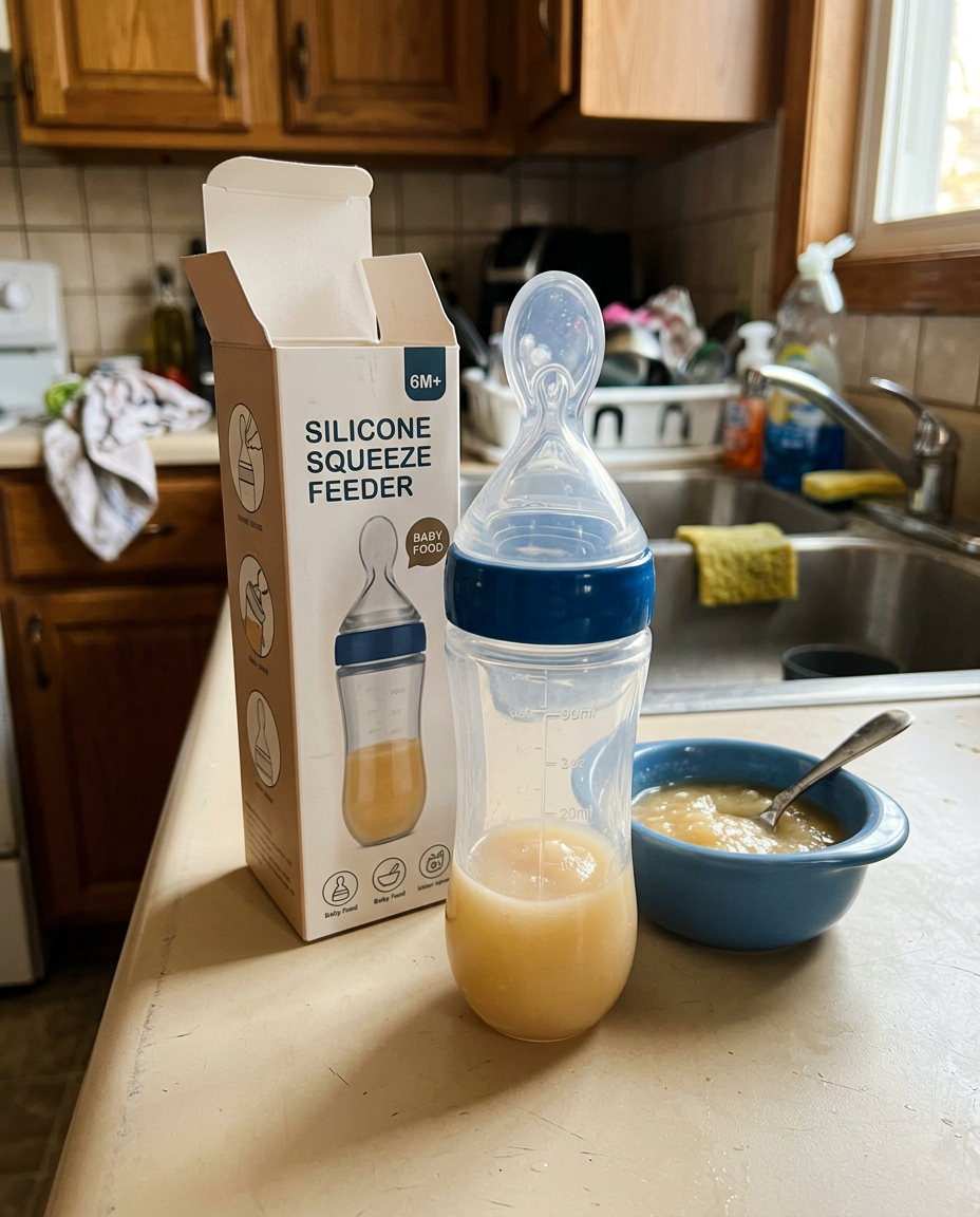 Unboxed squeeze feeder on a kitchen counter with apple purée