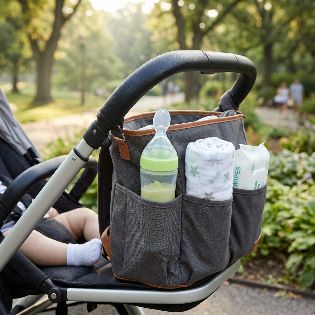 Squeeze feeder packed in a diaper bag for travel (green collar)