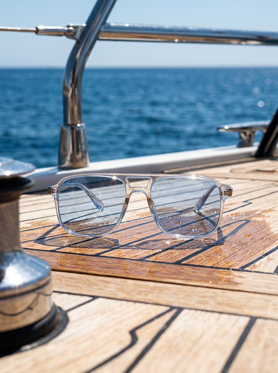 Polarised sunglasses on a sunlit teak yacht deck with the sea beyond