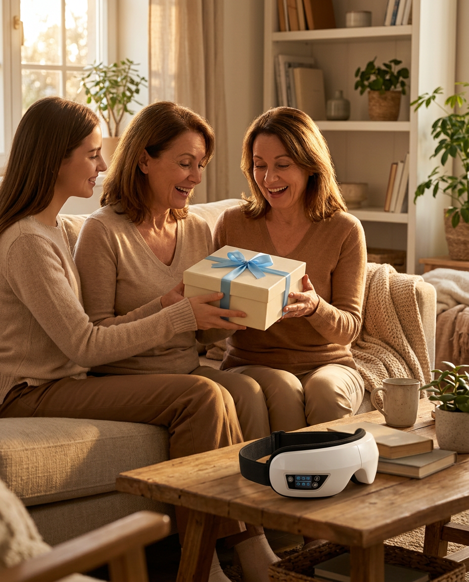 A daughter giving her mother a cream gift box with a sky-blue ribbon