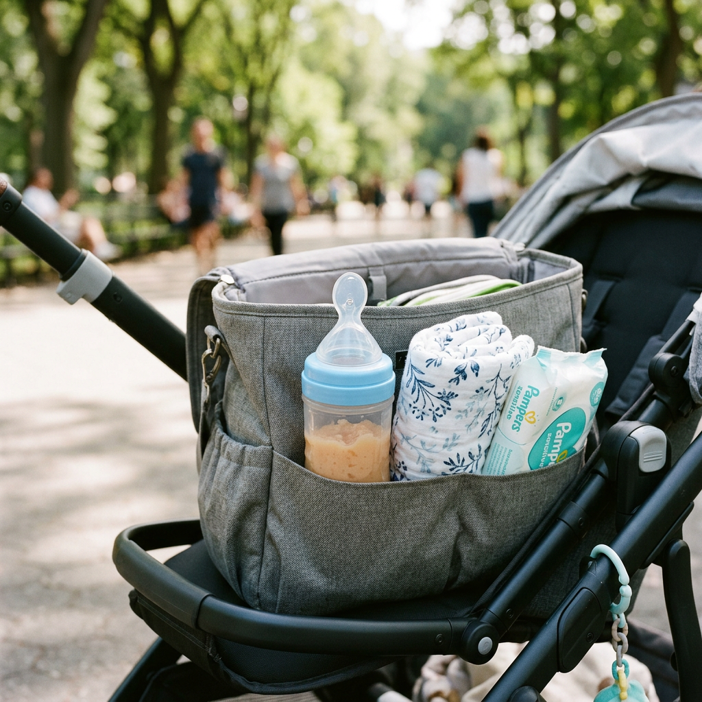 Squeeze feeder packed in a diaper bag for travel (blue collar)