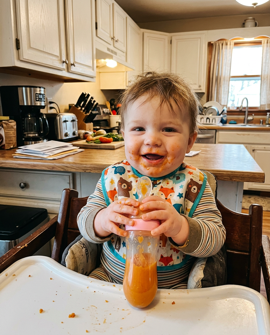 Baby in a high chair holding the squeeze feeder