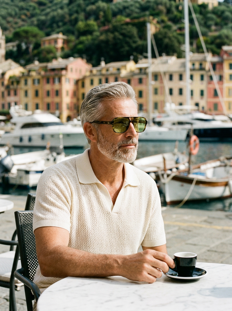 Silver-haired man in a cream knit polo wearing St Remo Verdi sunglasses with an olive tortoiseshell frame and green lenses, over an espresso on a Portofino harbour terrace