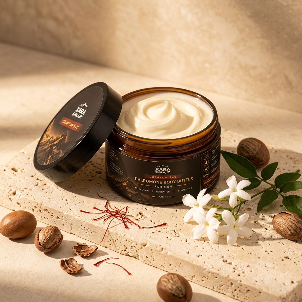 An open jar of Crimson 540 body butter on cream stone with shea nuts and jasmine