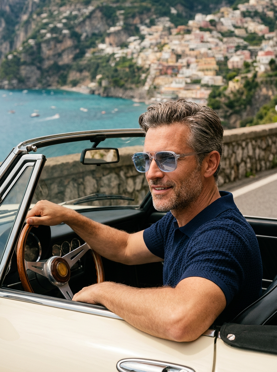 Salt-and-pepper haired man in a navy knit polo wearing St Barts Azure sunglasses at the wheel of a vintage convertible on the Amalfi coast