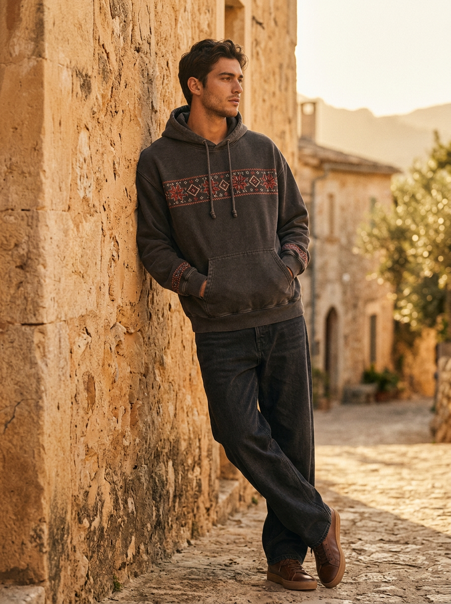 Man in a charcoal hoodie with red and cream tatreez leaning on a stone wall