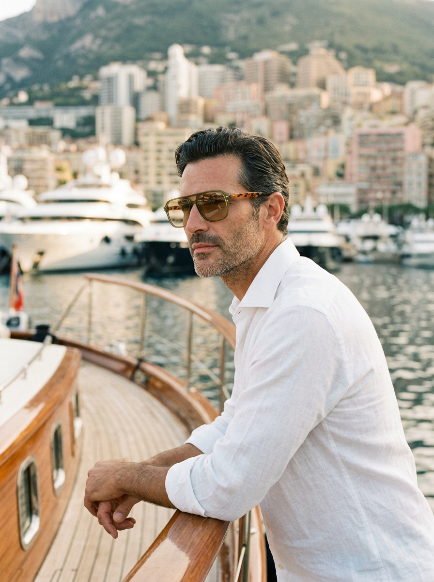 Man in a white linen shirt wearing St Barts Safari sunglasses with a translucent olive-green frame, tortoiseshell temples and tan lenses at the rail of a classic yacht in Monaco harbour