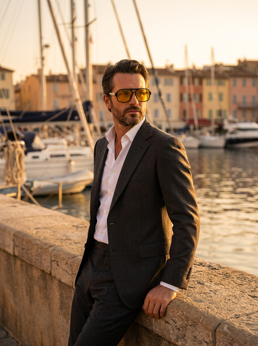 Bearded man in a charcoal suit wearing St Remo Ember sunglasses on a harbour wall in Saint-Tropez at golden hour