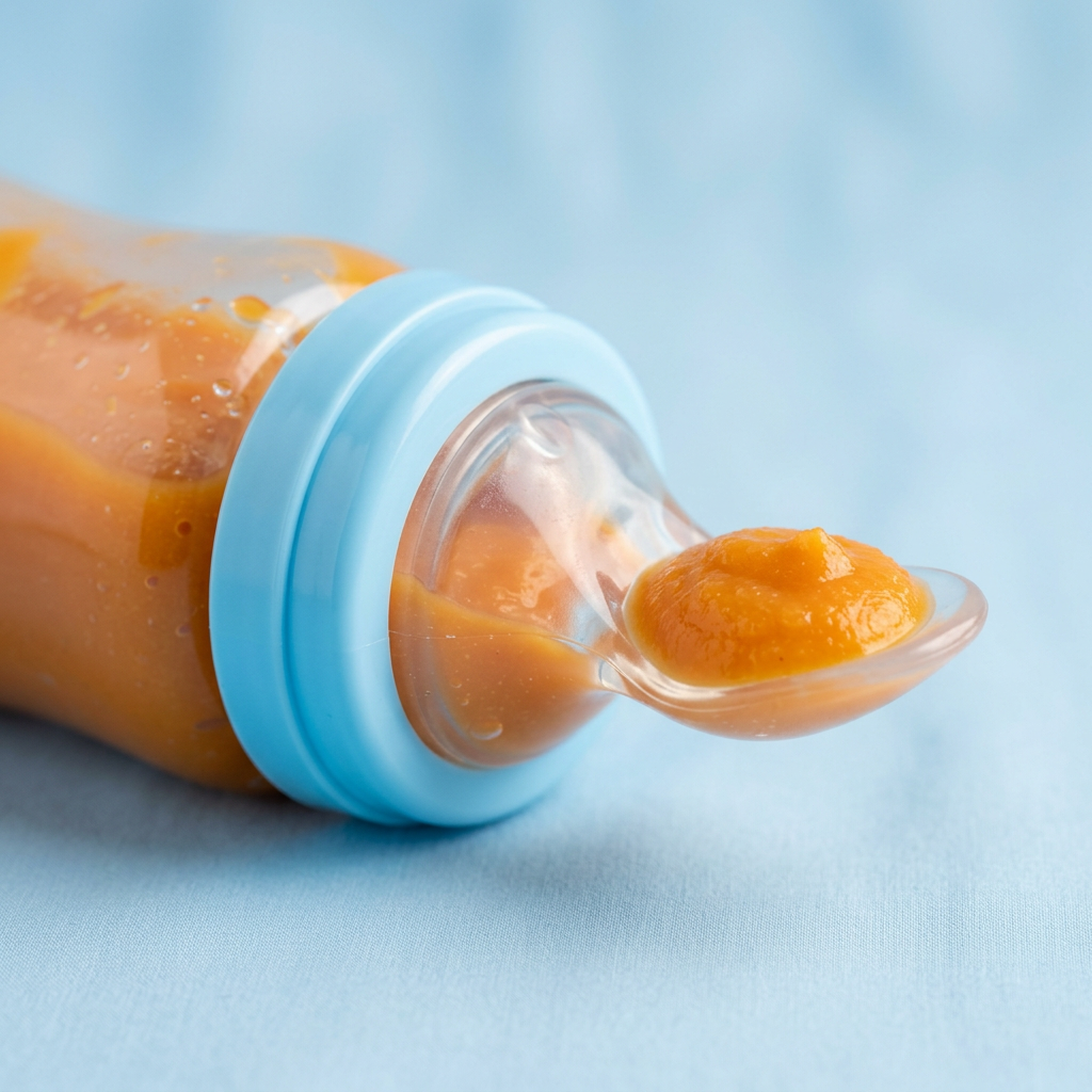 Close-up of the soft silicone spoon tip with sweet potato purée (blue collar)