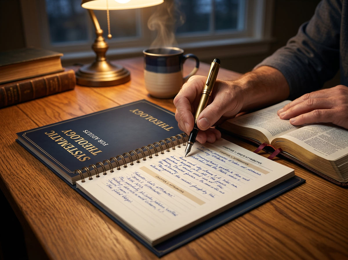 Hands writing in the open workbook beside a Bible under warm lamp light