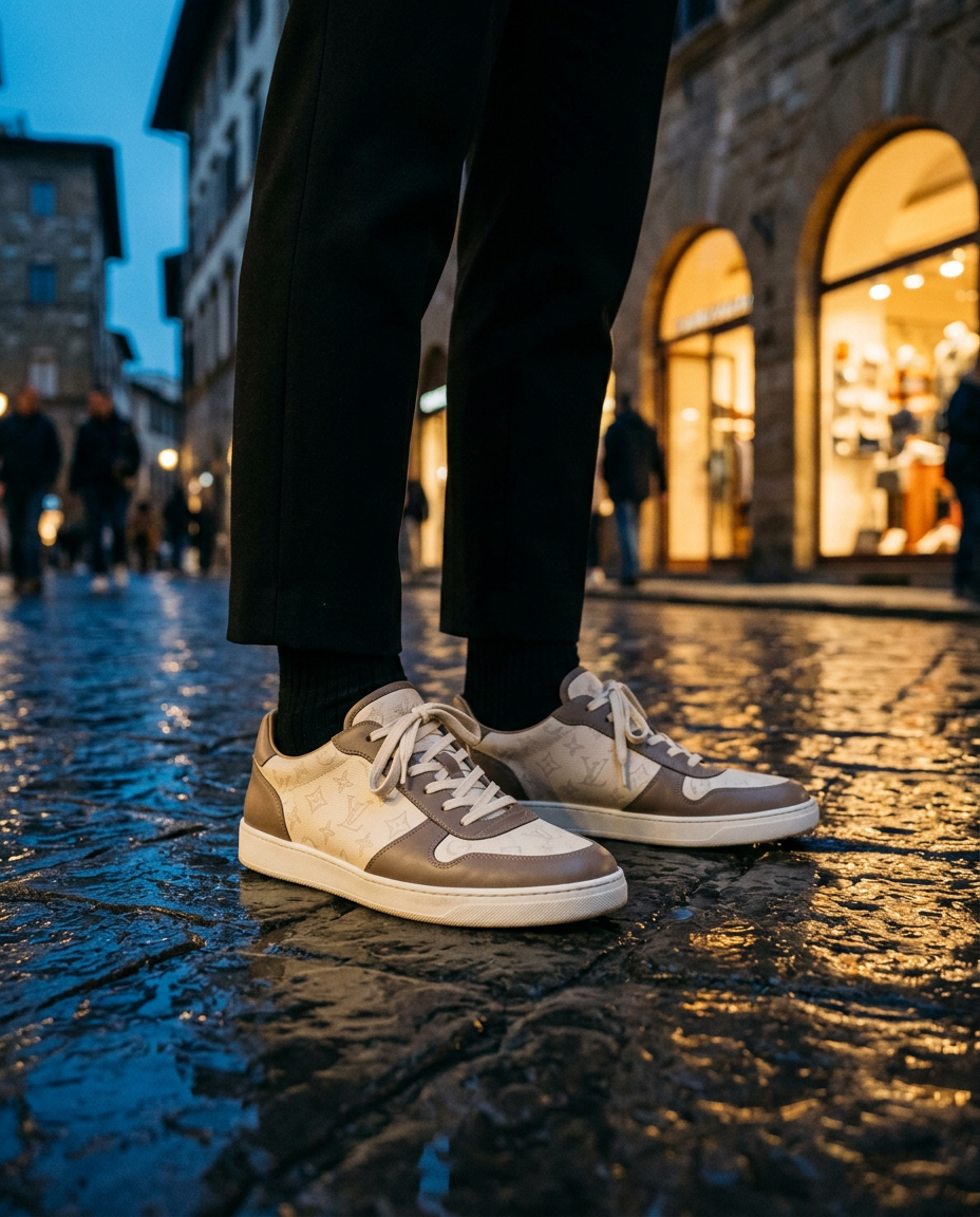 Luxury low-top sneakers on a wet cobblestone street at dusk
