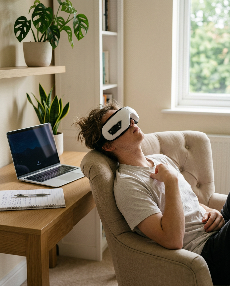 A student taking a screen break in an armchair wearing EyeCloud