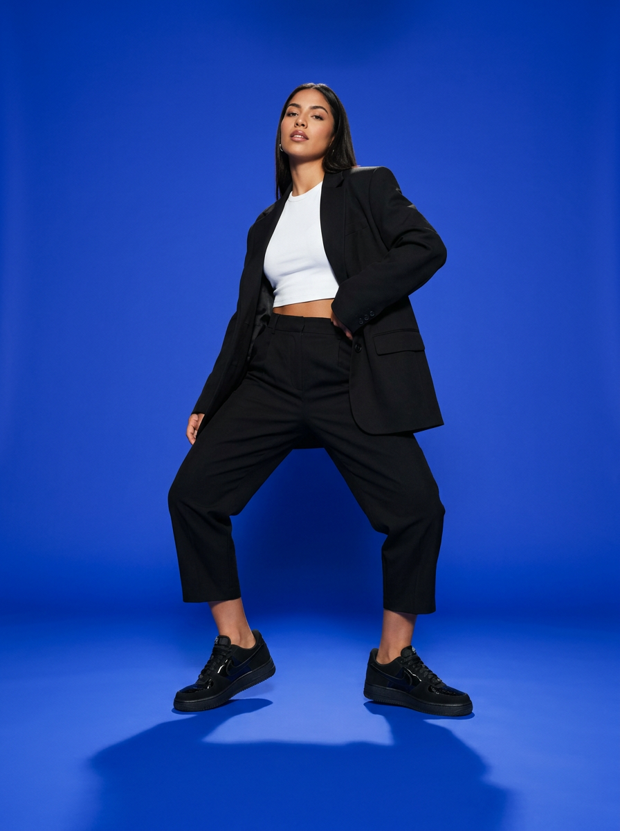 Mujer con zapatillas Nike Air Force 1 '07 SE negras sobre fondo azul