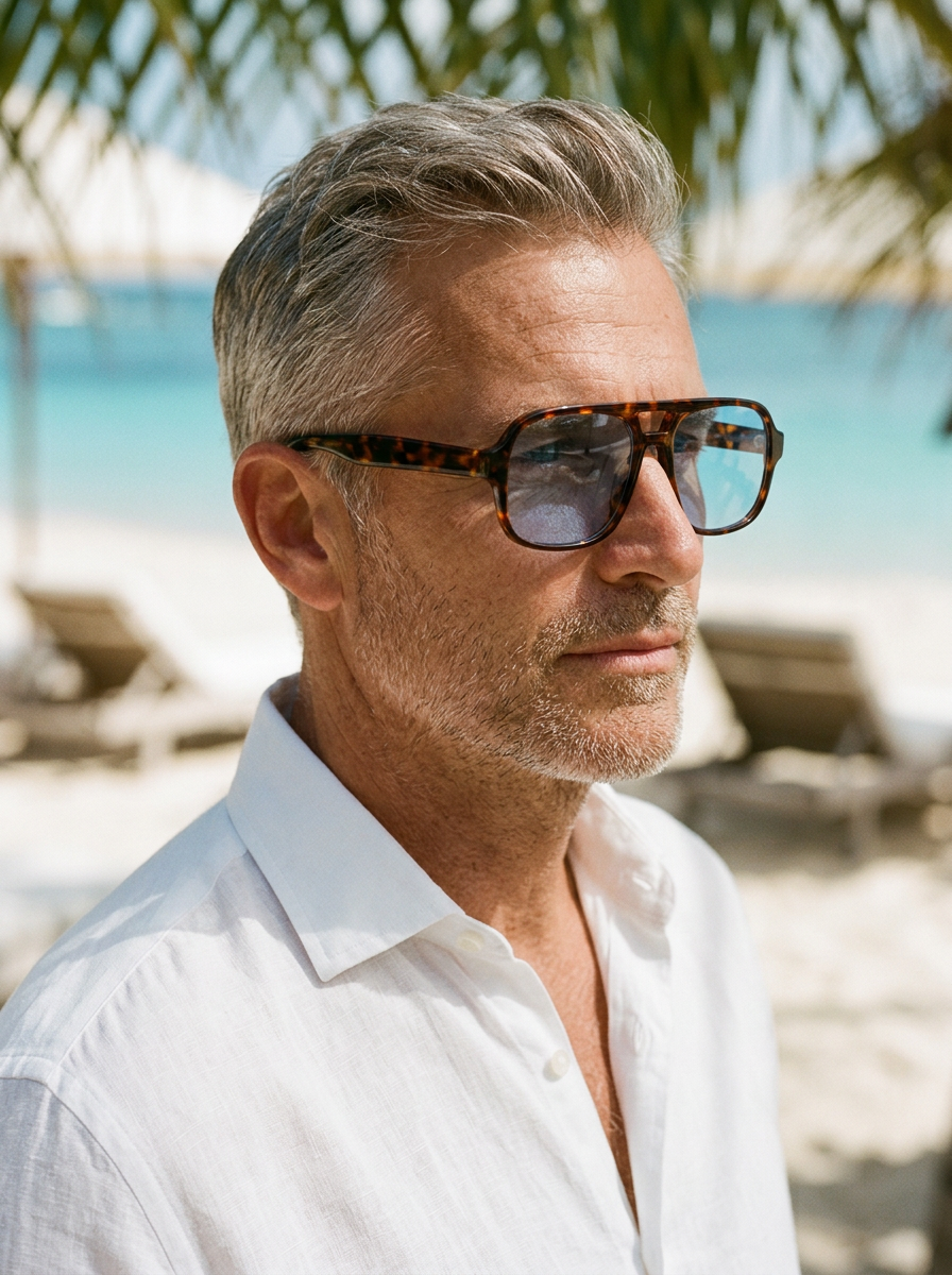 Grey-haired man in a white linen shirt wearing St Remo Aerin sunglasses with an all-tortoiseshell acetate frame and pale blue lenses on a St Barts beach