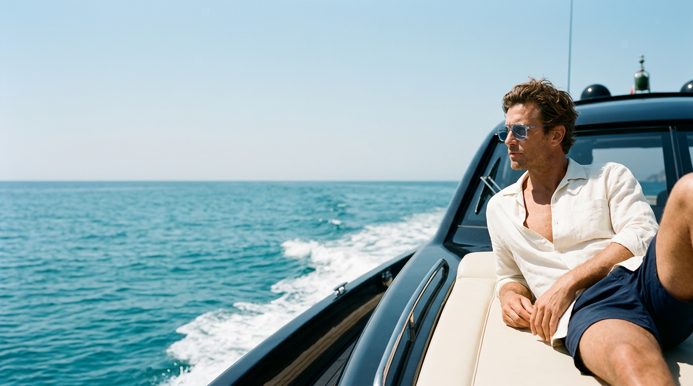 Man in an ivory linen shirt wearing clear-frame St Barts plus Azure polarised sunglasses with blue lenses on the bow of a navy motor yacht at sea